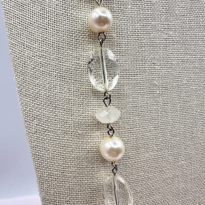 Vintage 90s Cream Faux Pearl & Clear Quartz Glass Bead Necklace Boho Jewelry Bib - Thumbnail 5