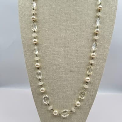 Vintage 90s Cream Faux Pearl & Clear Quartz Glass Bead Necklace Boho Jewelry Bib - Thumbnail 7