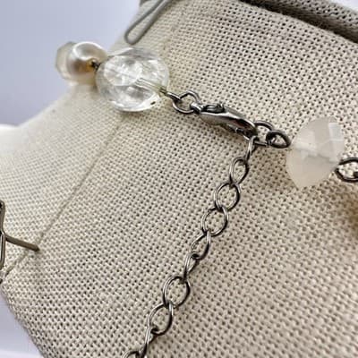 Vintage 90s Cream Faux Pearl & Clear Quartz Glass Bead Necklace Boho Jewelry Bib - Thumbnail 9