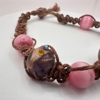 Vintage 90s Macrame Hemp Beaded Bracelet Boho Statement Women's Classic Jewelry - Thumbnail 3