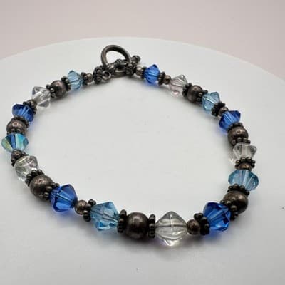 Vintage 90s Blue Glass Beaded SilverTone Bracelet Boho Stackable Fashion Jewelry - Thumbnail 3
