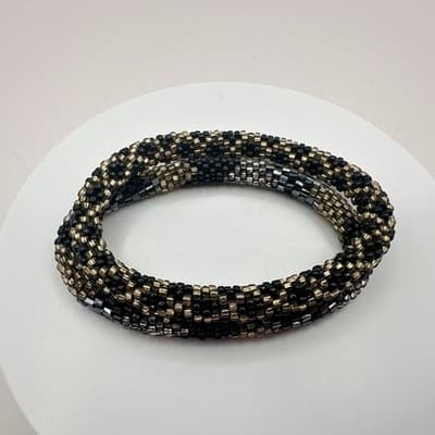 Vintage 90s Glass Seed Bead Crochet Roll-On Bracelet Set Boho Fashion Jewelry - Thumbnail 3