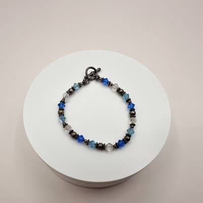 Vintage 90s Blue Glass Beaded SilverTone Bracelet Boho Stackable Fashion Jewelry - Thumbnail 6