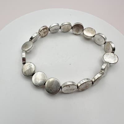 Vintage 90s Silver Tone Matte Disc Bead Stretch Bracelet Minimalist Boho Jewelry - Thumbnail 2