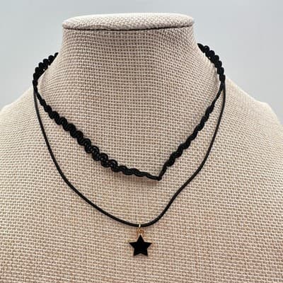 Vintage 90s Gold Tone Star Glass Pendant Black Double Layer Choker Necklace Y2K - Thumbnail 2