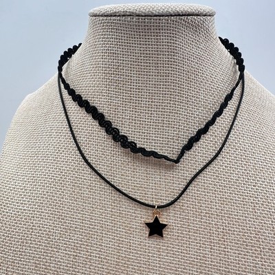 Vintage 90s Gold Tone Star Glass Pendant Black Double Layer Choker Necklace Y2K - Thumbnail 7