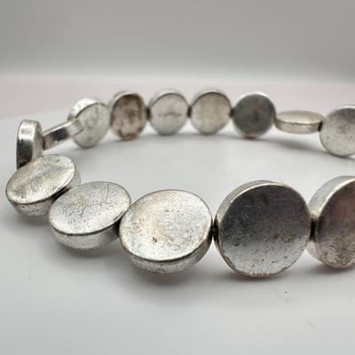 Vintage 90s Silver Tone Matte Disc Bead Stretch Bracelet Minimalist Boho Jewelry - Thumbnail 4