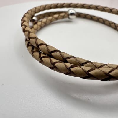 Vintage 90s Braided Tan Leather Wrap Bracelet Silver Tone Cream Pearl Boho Y2K - Thumbnail 5