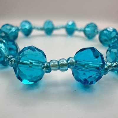 Vintage 90s Teal Blue Glass Faceted Beaded Stretch Bracelet Boho Chic Jewelry - Thumbnail 4