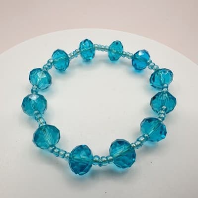 Vintage 90s Teal Blue Glass Faceted Beaded Stretch Bracelet Boho Chic Jewelry - Thumbnail 3