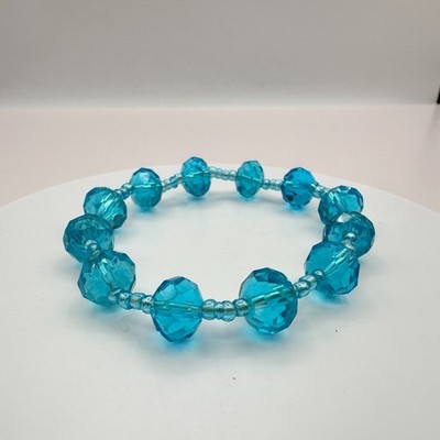 Vintage 90s Teal Blue Glass Faceted Beaded Stretch Bracelet Boho Chic Jewelry - Thumbnail 2