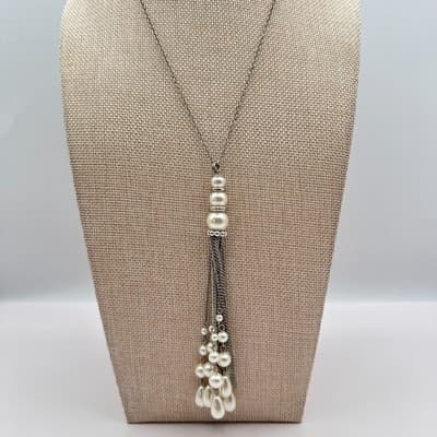 Vintage 90s Silver Tone Faux Pearl Tassel Chain Necklace Boho Fashion Jewelry - Thumbnail 2