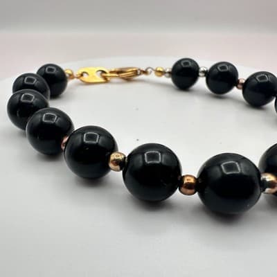 Vintage 90s Black Onyx Glass Beaded Bracelet Retro Women's Classic Jewelry Y2K - Thumbnail 4