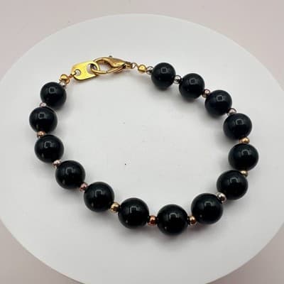 Vintage 90s Black Onyx Glass Beaded Bracelet Retro Women's Classic Jewelry Y2K - Thumbnail 7