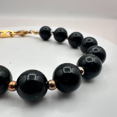 Vintage 90s Black Onyx Glass Beaded Bracelet Retro Women's Classic Jewelry Y2K - Thumbnail 5