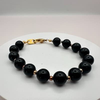Vintage 90s Black Onyx Glass Beaded Bracelet Retro Women's Classic Jewelry Y2K - Thumbnail 6