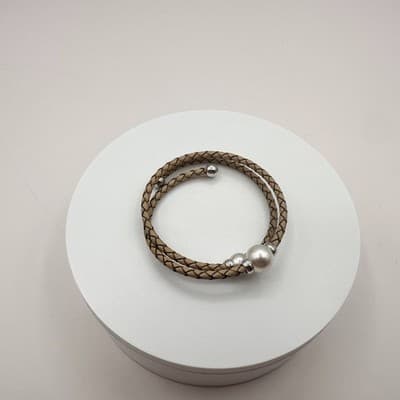 Vintage 90s Braided Tan Leather Wrap Bracelet Silver Tone Cream Pearl Boho Y2K - Thumbnail 6