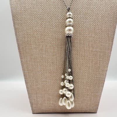 Vintage 90s Silver Tone Faux Pearl Tassel Chain Necklace Boho Fashion Jewelry - Thumbnail 8
