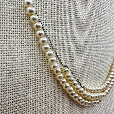 Vintage 90s Multi Strand Faux Pearl Necklace Silver Tone Chain Classic Bridal - Thumbnail 4