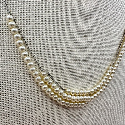 Vintage 90s Multi Strand Faux Pearl Necklace Silver Tone Chain Classic Bridal - Thumbnail 2