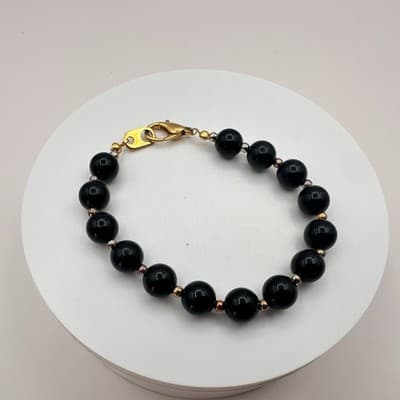 Vintage 90s Black Onyx Glass Beaded Bracelet Retro Women's Classic Jewelry Y2K - Thumbnail 3
