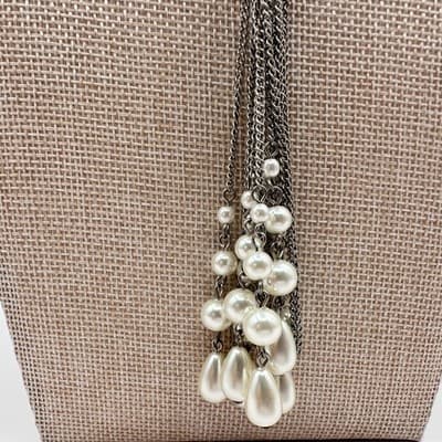 Vintage 90s Silver Tone Faux Pearl Tassel Chain Necklace Boho Fashion Jewelry - Thumbnail 7