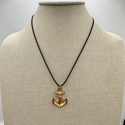 Vintage Y2K Gold Tone Cream Enamel Anchor Pendant Necklace Classic Jewelry 90s - Thumbnail 4
