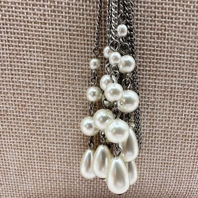 Vintage 90s Silver Tone Faux Pearl Tassel Chain Necklace Boho Fashion Jewelry - Thumbnail 5