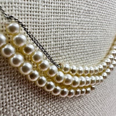 Vintage 90s Multi Strand Faux Pearl Necklace Silver Tone Chain Classic Bridal - Thumbnail 5