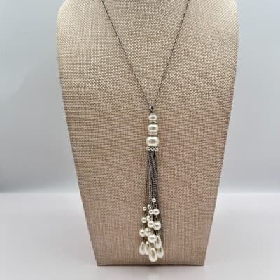 Vintage 90s Silver Tone Faux Pearl Tassel Chain Necklace Boho Fashion Jewelry - Thumbnail 9