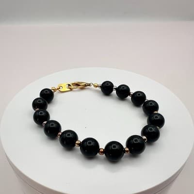 Vintage 90s Black Onyx Glass Beaded Bracelet Retro Women's Classic Jewelry Y2K - Thumbnail 2