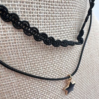 Vintage 90s Gold Tone Star Glass Pendant Black Double Layer Choker Necklace Y2K - Thumbnail 4