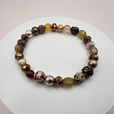 Vintage 90s Dalmatian Jasper Glass Beaded Stretch Bracelet Earth Tone Jewelry - Thumbnail 3