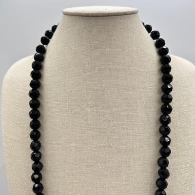Vintage 90s Black Glass Faceted Round Beaded Necklace Classic Goth Jewelry - Thumbnail 2