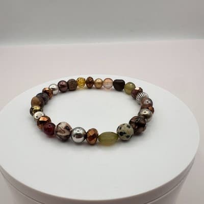 Vintage 90s Dalmatian Jasper Glass Beaded Stretch Bracelet Earth Tone Jewelry - Thumbnail 2