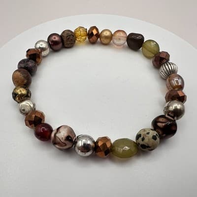 Vintage 90s Dalmatian Jasper Glass Beaded Stretch Bracelet Earth Tone Jewelry - Thumbnail 4