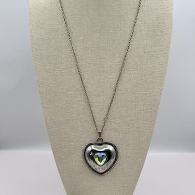 Vintage 90s Iridescent Aurora Borealis Glass Puffy Heart Pendant Necklace Boho - Thumbnail 2