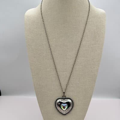 Vintage 90s Iridescent Aurora Borealis Glass Puffy Heart Pendant Necklace Boho - Thumbnail 3
