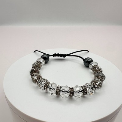 Vintage Y2K Silver Tone Cord Clear Glass Rhinestones Beaded Bracelet Jewelry 90s - Thumbnail 2