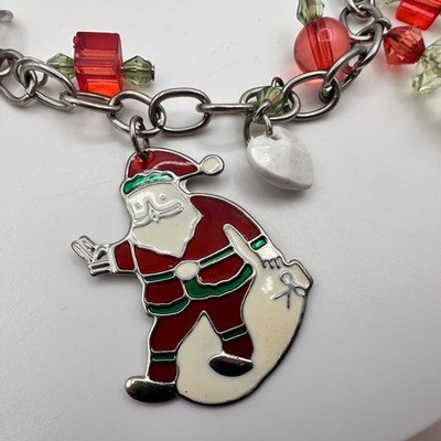Vintage 90s Christmas Charm SilverTone Bracelet Santa Enamel Glass Beads Jewelry - Thumbnail 3