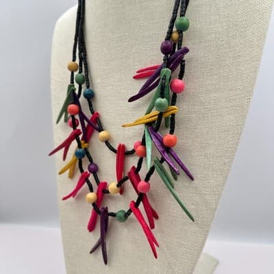 Vintage 90s Multi-Strand Spike Fringe Wood Bead Necklace Boho Fashion Jewelry - Thumbnail 5