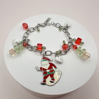 Vintage 90s Christmas Charm SilverTone Bracelet Santa Enamel Glass Beads Jewelry - Thumbnail 4
