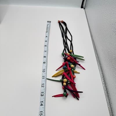 Vintage 90s Multi-Strand Spike Fringe Wood Bead Necklace Boho Fashion Jewelry - Thumbnail 7