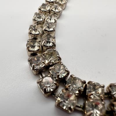 Vintage 90s Double Row Clear Glass Tennis Bracelet Silver Tone Elegant Deco Boho - Thumbnail 5