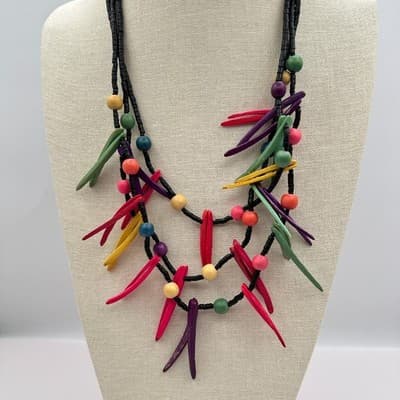 Vintage 90s Multi-Strand Spike Fringe Wood Bead Necklace Boho Fashion Jewelry - Thumbnail 2