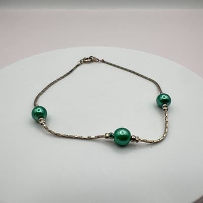 Vintage Silver Tone Dainty Chain Bracelet Green Faux Pearl Minimalist Simple Y2K - Thumbnail 2