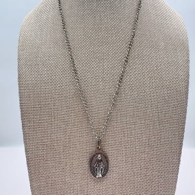 Vintage 90s Miraculous Medal Virgin Mary Pendant Silver Tone Necklace Religious - Thumbnail 4