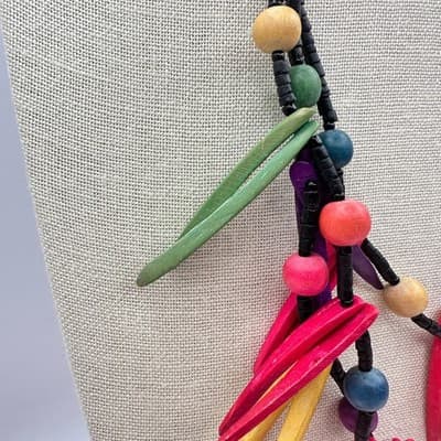 Vintage 90s Multi-Strand Spike Fringe Wood Bead Necklace Boho Fashion Jewelry - Thumbnail 3