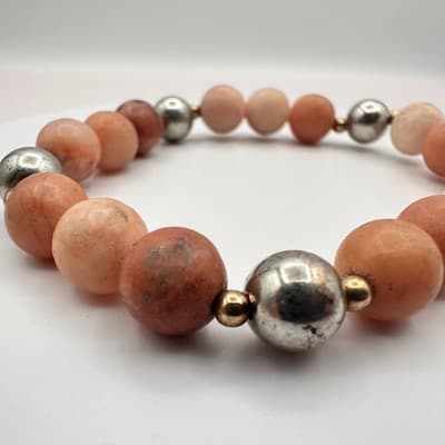 Vintage 90s Peach Natural Stone Beaded Stretch Bracelet Boho Statement Jewelry - Thumbnail 3