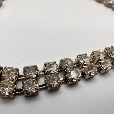 Vintage 90s Double Row Clear Glass Tennis Bracelet Silver Tone Elegant Deco Boho - Thumbnail 6
